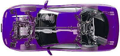 VR-4 exploded view from top showing drivetrain and aws (all wheel steering)